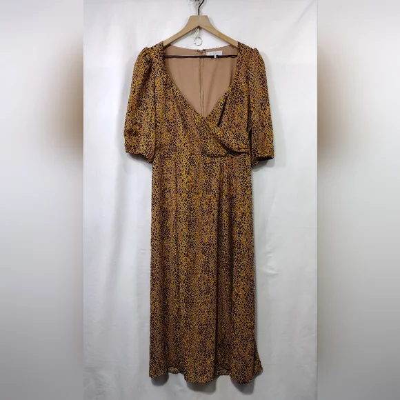 WAYF Leopard Print Faux Wrap Boho Midi Dress Women's L Brown Boho Retro 90s Y2K - Picture 2 of 10